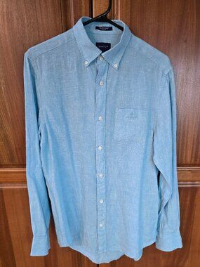 Grant Mens Blue Pure Linen Button Down Shirt Large Long Sleeve S